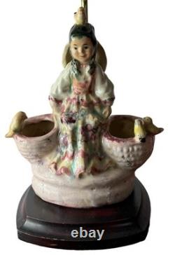 Vintage Studio Pottery Lamp Young Girl Basket Birds Handpainted Glazed 22.75