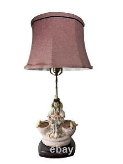 Vintage Studio Pottery Lamp Young Girl Basket Birds Handpainted Glazed 22.75