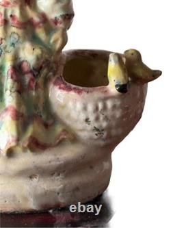 Vintage Studio Pottery Lamp Young Girl Basket Birds Handpainted Glazed 22.75