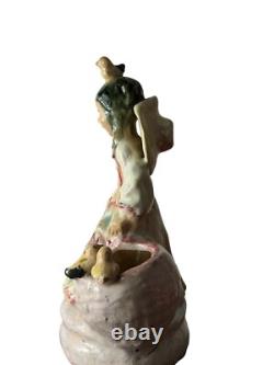 Vintage Studio Pottery Lamp Young Girl Basket Birds Handpainted Glazed 22.75