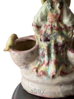Vintage Studio Pottery Lamp Young Girl Basket Birds Handpainted Glazed 22.75