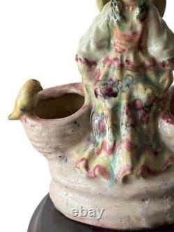 Vintage Studio Pottery Lamp Young Girl Basket Birds Handpainted Glazed 22.75