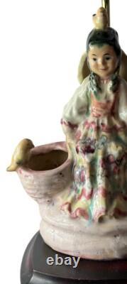 Vintage Studio Pottery Lamp Young Girl Basket Birds Handpainted Glazed 22.75