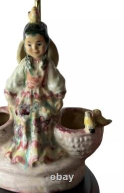 Vintage Studio Pottery Lamp Young Girl Basket Birds Handpainted Glazed 22.75