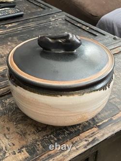 Vintage Studio Pottery Lidded Casserole Bowl Signed Moff Black & Tan Drip Glaz