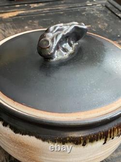 Vintage Studio Pottery Lidded Casserole Bowl Signed Moff Black & Tan Drip Glaz