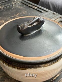 Vintage Studio Pottery Lidded Casserole Bowl Signed Moff Black & Tan Drip Glaz