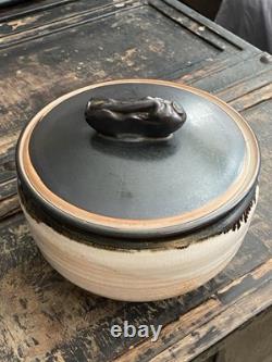 Vintage Studio Pottery Lidded Casserole Bowl Signed Moff Black & Tan Drip Glaz