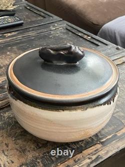 Vintage Studio Pottery Lidded Casserole Bowl Signed Moff Black & Tan Drip Glaz