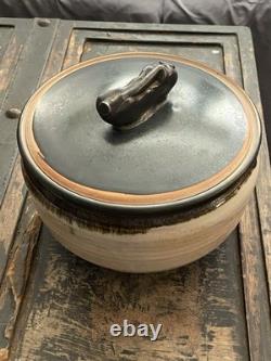 Vintage Studio Pottery Lidded Casserole Bowl Signed Moff Black & Tan Drip Glaz