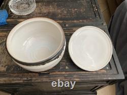 Vintage Studio Pottery Lidded Casserole Bowl Signed Moff Black & Tan Drip Glaz