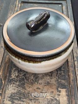 Vintage Studio Pottery Lidded Casserole Bowl Signed Moff Black & Tan Drip Glaz