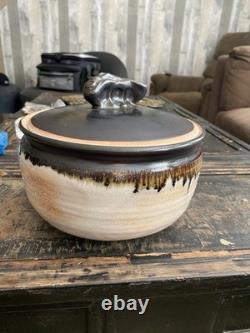 Vintage Studio Pottery Lidded Casserole Bowl Signed Moff Black & Tan Drip Glaz