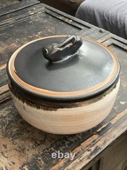 Vintage Studio Pottery Lidded Casserole Bowl Signed Moff Black & Tan Drip Glaz