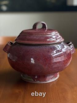 Vintage Studio Pottery Lidded Tureen Red Drip Glaze Scandinavian MCM Stone