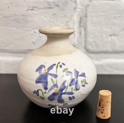 Vintage Studio Pottery Mini Vase Blue Floral Rustic Cottage Bud Vase