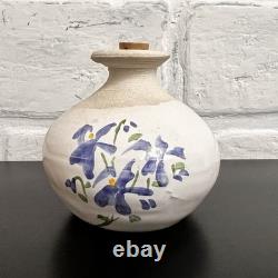 Vintage Studio Pottery Mini Vase Blue Floral Rustic Cottage Bud Vase