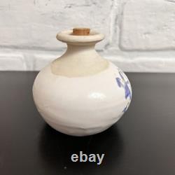 Vintage Studio Pottery Mini Vase Blue Floral Rustic Cottage Bud Vase