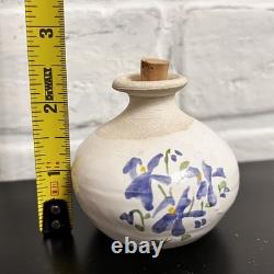 Vintage Studio Pottery Mini Vase Blue Floral Rustic Cottage Bud Vase