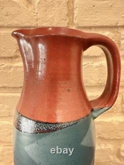 Vintage Studio Pottery Pitcher Hand Thrown Ceramic Signed Red Blue Glaze