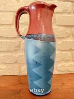 Vintage Studio Pottery Pitcher Hand Thrown Ceramic Signed Red Blue Glaze