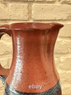 Vintage Studio Pottery Pitcher Hand Thrown Ceramic Signed Red Blue Glaze