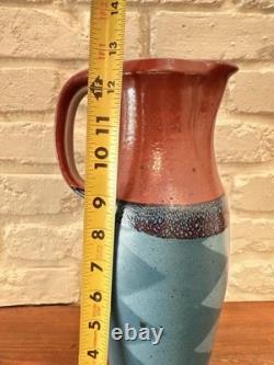 Vintage Studio Pottery Pitcher Hand Thrown Ceramic Signed Red Blue Glaze