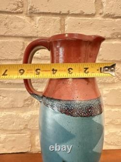Vintage Studio Pottery Pitcher Hand Thrown Ceramic Signed Red Blue Glaze
