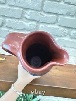 Vintage Studio Pottery Pitcher Hand Thrown Ceramic Signed Red Blue Glaze