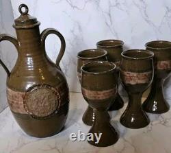 Vintage Studio Pottery Redware Wine Decanter Pitcher With 5 Goblets Marked