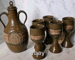 Vintage Studio Pottery Redware Wine Decanter Pitcher With 5 Goblets Marked