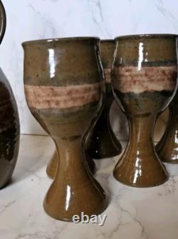 Vintage Studio Pottery Redware Wine Decanter Pitcher With 5 Goblets Marked