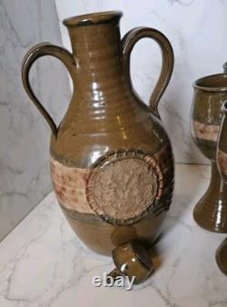 Vintage Studio Pottery Redware Wine Decanter Pitcher With 5 Goblets Marked