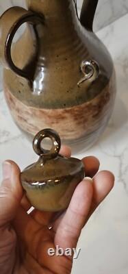 Vintage Studio Pottery Redware Wine Decanter Pitcher With 5 Goblets Marked