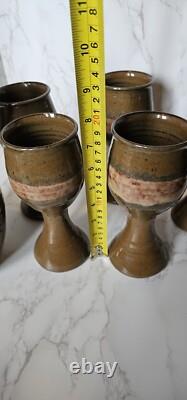 Vintage Studio Pottery Redware Wine Decanter Pitcher With 5 Goblets Marked