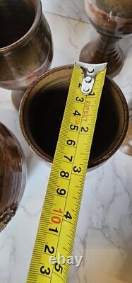 Vintage Studio Pottery Redware Wine Decanter Pitcher With 5 Goblets Marked