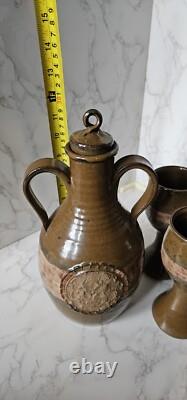 Vintage Studio Pottery Redware Wine Decanter Pitcher With 5 Goblets Marked
