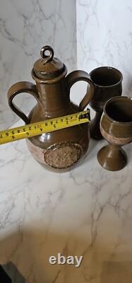 Vintage Studio Pottery Redware Wine Decanter Pitcher With 5 Goblets Marked