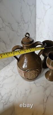 Vintage Studio Pottery Redware Wine Decanter Pitcher With 5 Goblets Marked