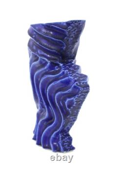 Vintage Studio Pottery Ridged Biomorphic Blue Vase by Frank Fabens