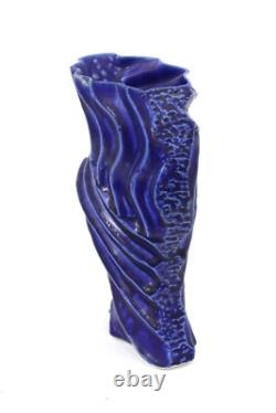 Vintage Studio Pottery Ridged Biomorphic Blue Vase by Frank Fabens