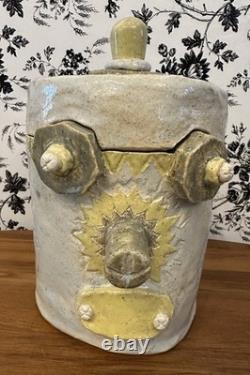 Vintage Studio Pottery Robot Face Jar 9 Goat, Moon Stars, Rooster Folk Art OOAK