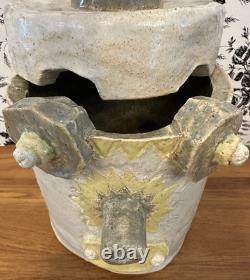 Vintage Studio Pottery Robot Face Jar 9 Goat, Moon Stars, Rooster Folk Art OOAK