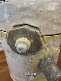 Vintage Studio Pottery Robot Face Jar 9 Goat, Moon Stars, Rooster Folk Art OOAK