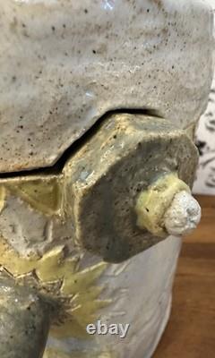 Vintage Studio Pottery Robot Face Jar 9 Goat, Moon Stars, Rooster Folk Art OOAK