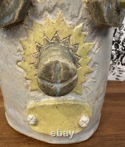 Vintage Studio Pottery Robot Face Jar 9 Goat, Moon Stars, Rooster Folk Art OOAK
