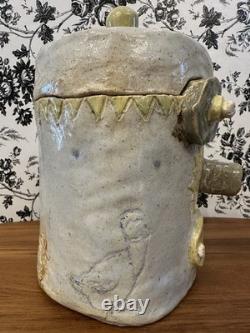 Vintage Studio Pottery Robot Face Jar 9 Goat, Moon Stars, Rooster Folk Art OOAK