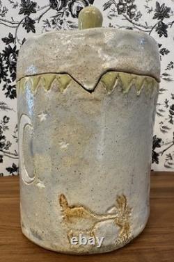 Vintage Studio Pottery Robot Face Jar 9 Goat, Moon Stars, Rooster Folk Art OOAK