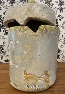Vintage Studio Pottery Robot Face Jar 9 Goat, Moon Stars, Rooster Folk Art OOAK