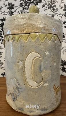 Vintage Studio Pottery Robot Face Jar 9 Goat, Moon Stars, Rooster Folk Art OOAK